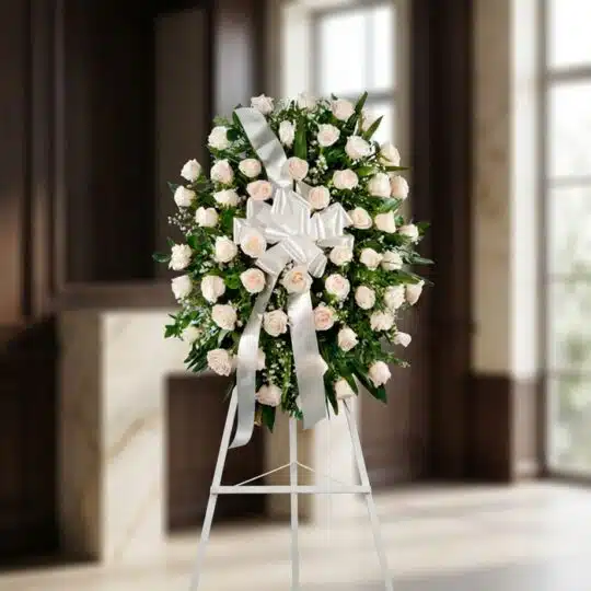Corona fúnebre Serenidad con rosas blancas y follaje verde, lazo blanco, sobre un trípode en una sala de velación premium con