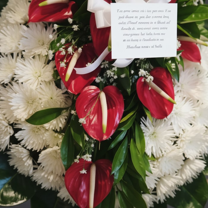 corona funebre trinidad flores rojas blancas iraw