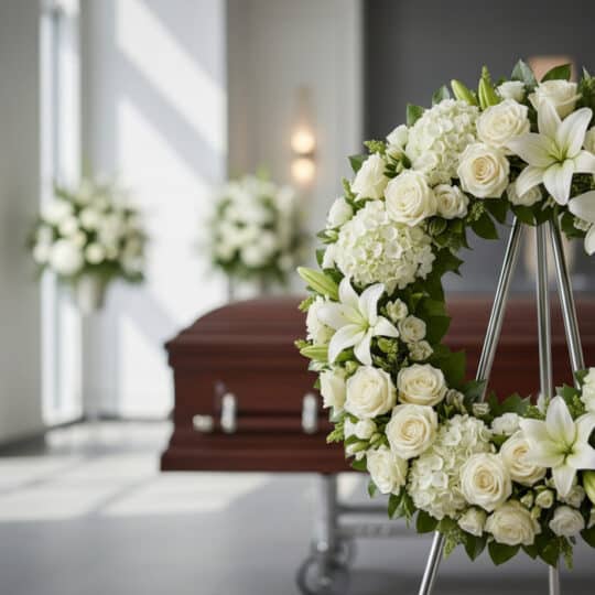 Corona funeraria "Refugio de Paz" con rosas blancas, lirios y hortensias, en sala de velación moderna, con ataúd al fondo.