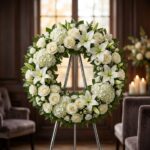 Impresionante corona funeraria 'Refugio de Paz' con lirios y rosas blancas, presentada en una elegante sala de velación con l