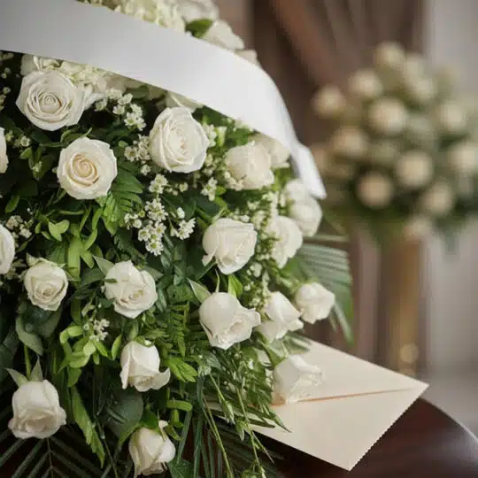 Fotografía macro premium del Cubre Caja Fúnebre Bernardita, con rosas blancas, follaje verde, rocío sutil y cinta satinada. S