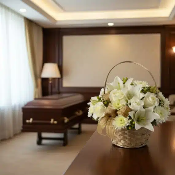 Cubre Caja Fúnebre Elizabeth, un arreglo floral blanco en cesta de mimbre, con rosas, lirios y crisantemos, en una sala de ve