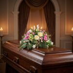 Cubre caja fúnebre 'Genoveva' con lirios blancos, rosas pálidas y follaje verde, elegantemente dispuesto sobre un ataúd de ma