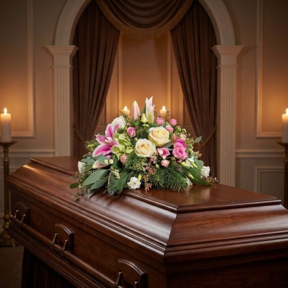 Solemne Cubre Caja Genoveva: Homenaje Floral en Tonos Blancos y Rosas Cubre caja fúnebre 'Genoveva' con lirios blancos, rosas pálidas y follaje verde, elegantemente dispuesto sobre un ataúd de ma