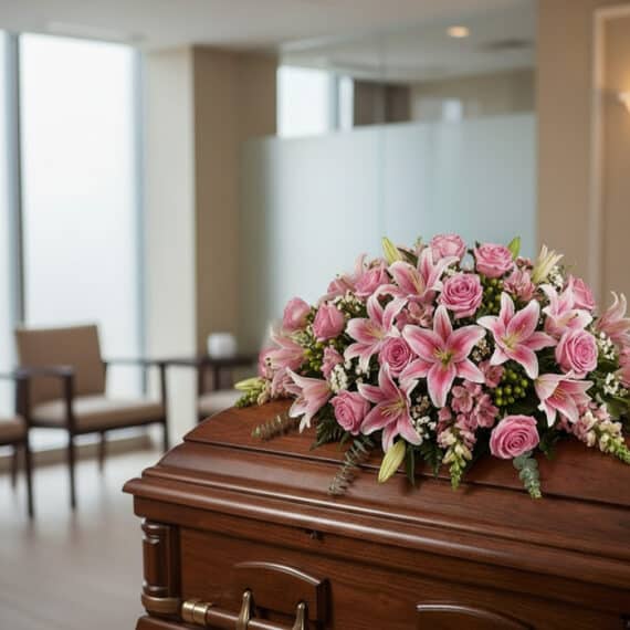 Cubre caja fúnebre Ifigenia con rosas y lirios rosados, eucalipto y astromelias, sobre un ataúd de madera en una sala de vela