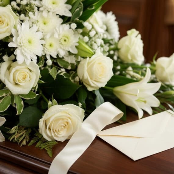 Primer plano de un cubre caja fúnebre con rosas blancas, lirios y crisantemos, con rocío sutil y una cinta satinada color cre