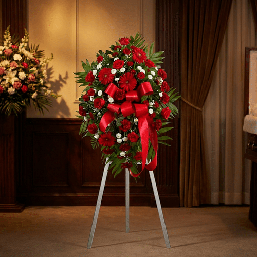 Homenaje Eterno a Andrés: Pedestal Fúnebre Personalizado con Rosas Rojas Pedestal fúnebre 'Homenaje Eterno a Andrés' con rosas rojas, claveles blancos y follaje verde, presentado en una elegante sal