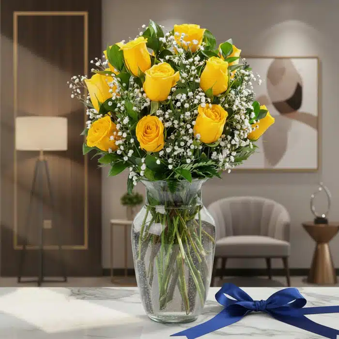 jarron 12 rosas amarillas elegante