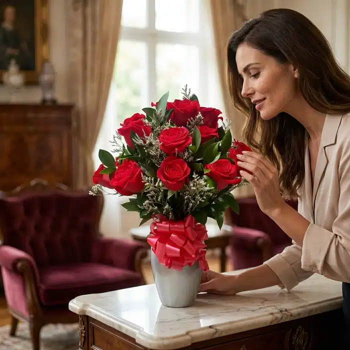 jarron 12 rosas mujer elegante