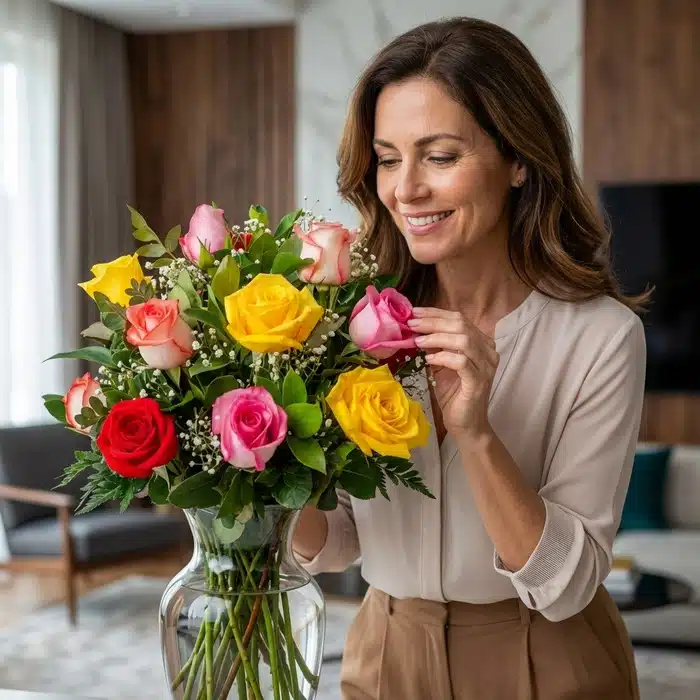 jarron 12 rosas multicolor mujer elegante osormn