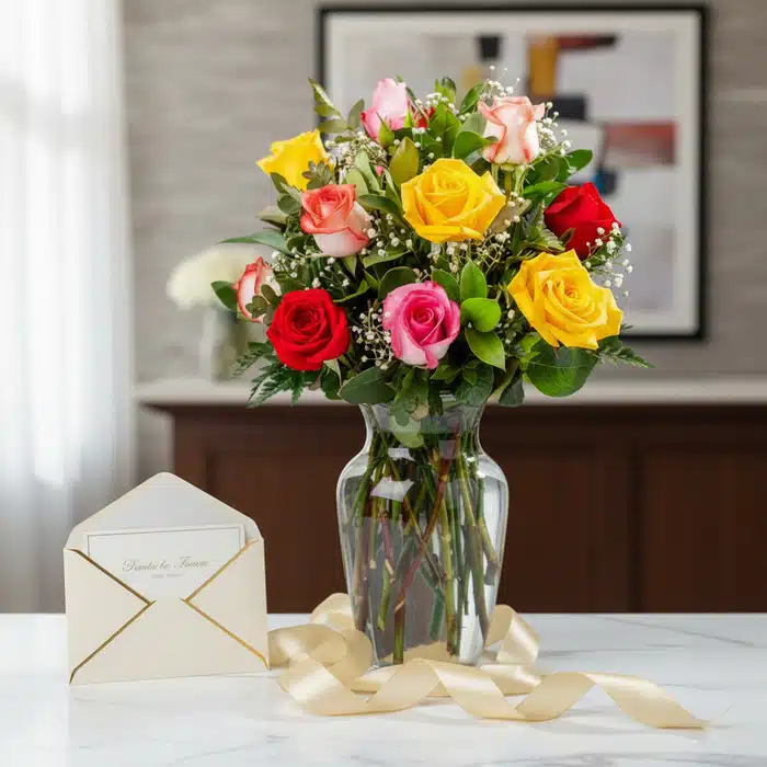 jarron 12 rosas multicolor regalo r75yb