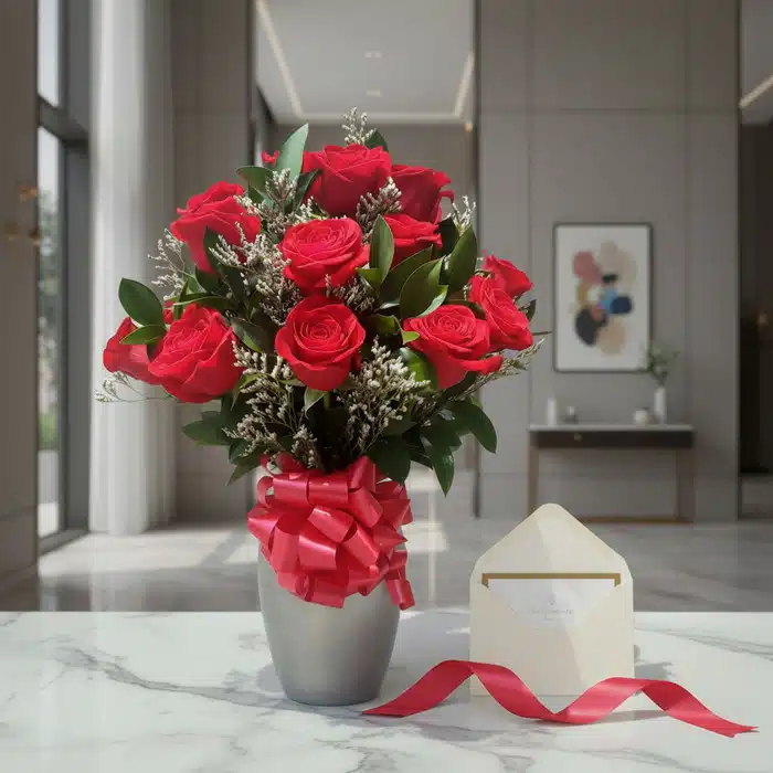 jarron 12 rosas rojas regalo elegante vnu55