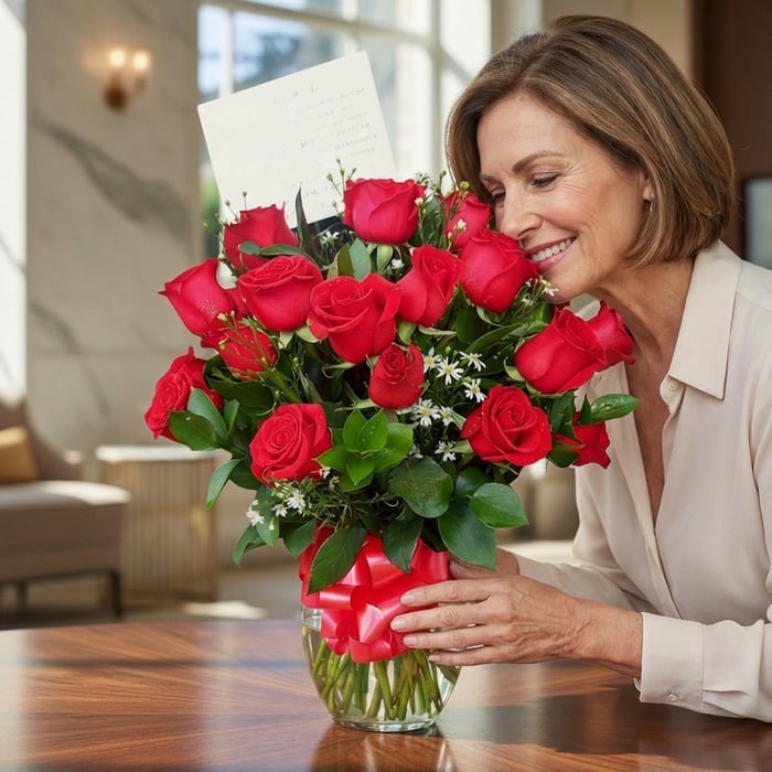 jarron 18 rosas rojas mujer admirando geonycqr