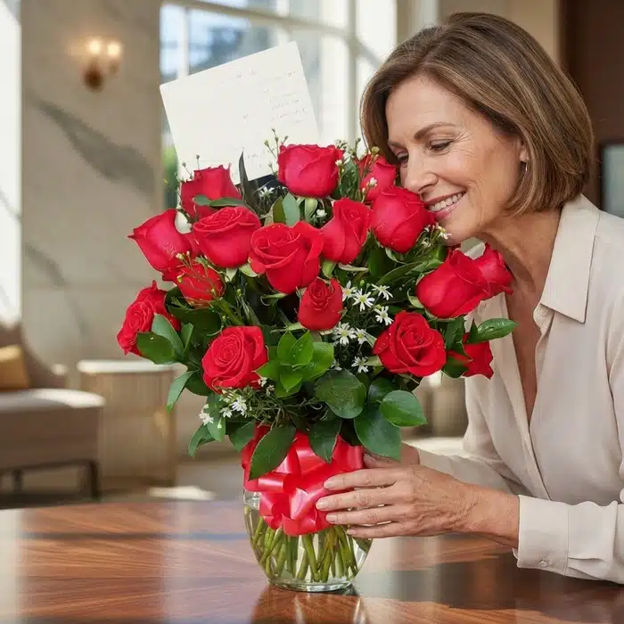 jarron 18 rosas rojas mujer admirando geonycqr