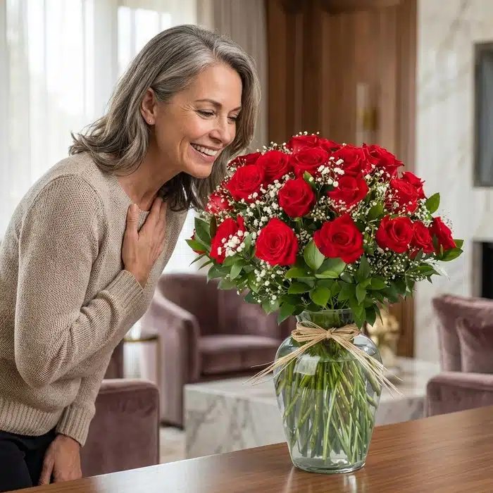 jarron 24 rosas mujer admirando