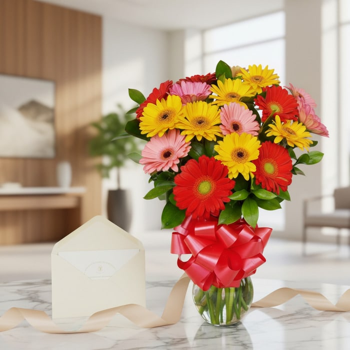 jarron gerberas multicolor regalo elegante ech7p