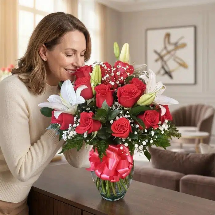 jarron otono mujer admirando flores wvbwo