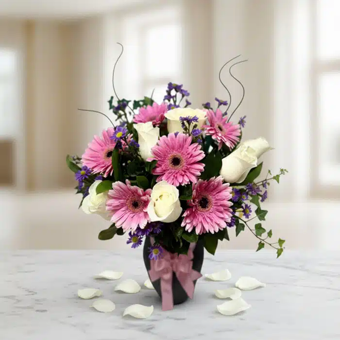 jarron primavera elegante rosas gerberas uppjfca