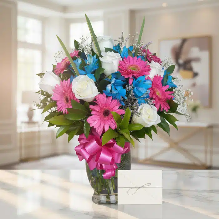 jarron primavera flores rosas azules blancas