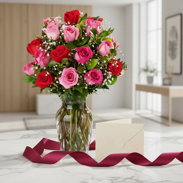 jarron te extrano rosas rojas rosadas