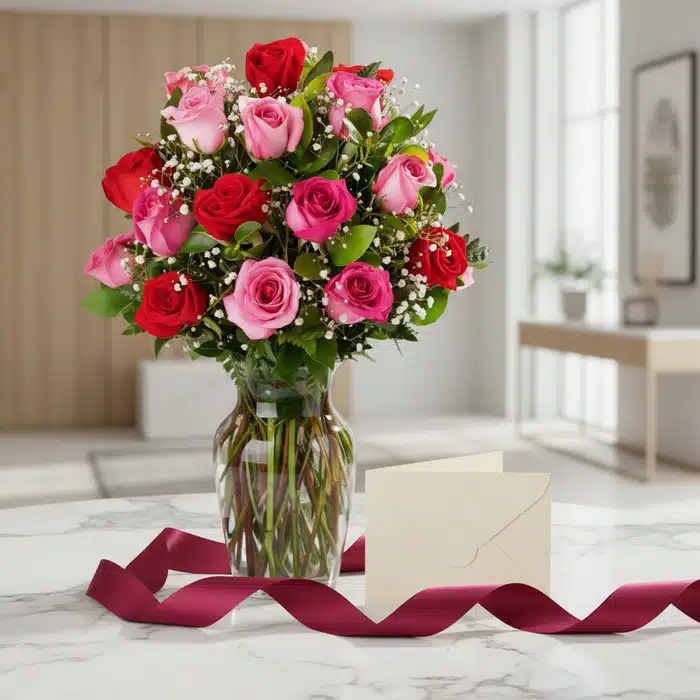 jarron te extrano rosas rojas rosadas