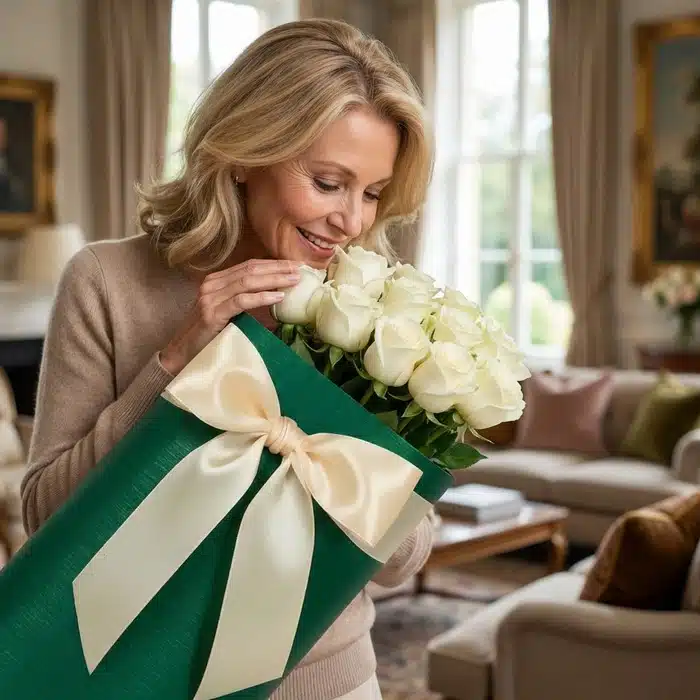 mujer admira rosas blancas lujo k2qi