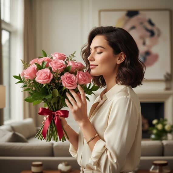 Mujer elegante con cabello oscuro y blusa color crema, sonriendo y oliendo un hermoso bouquet de 18 rosas rosadas atadas con