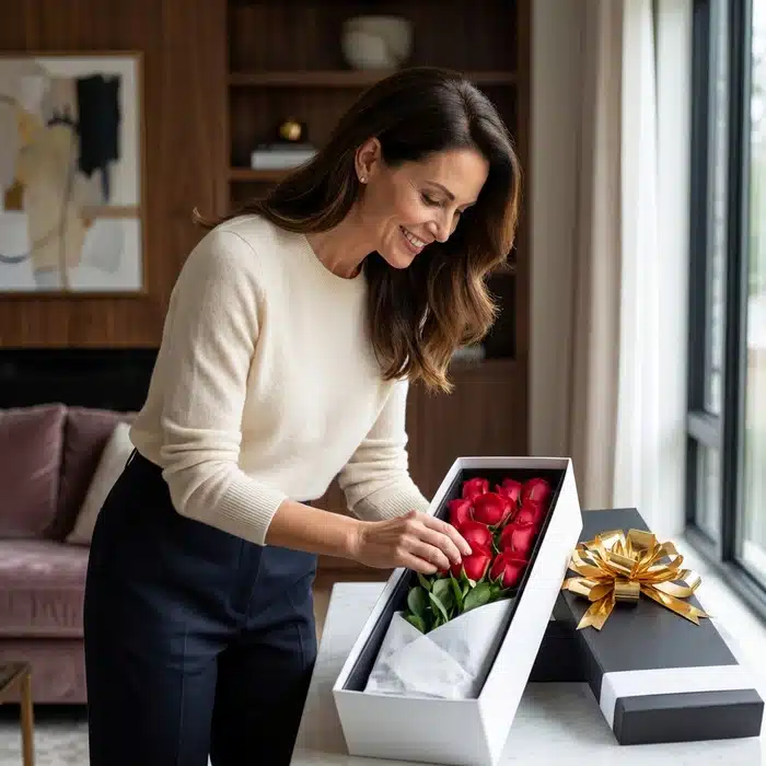 mujer admirando caja rosas rojas fzpkwdo