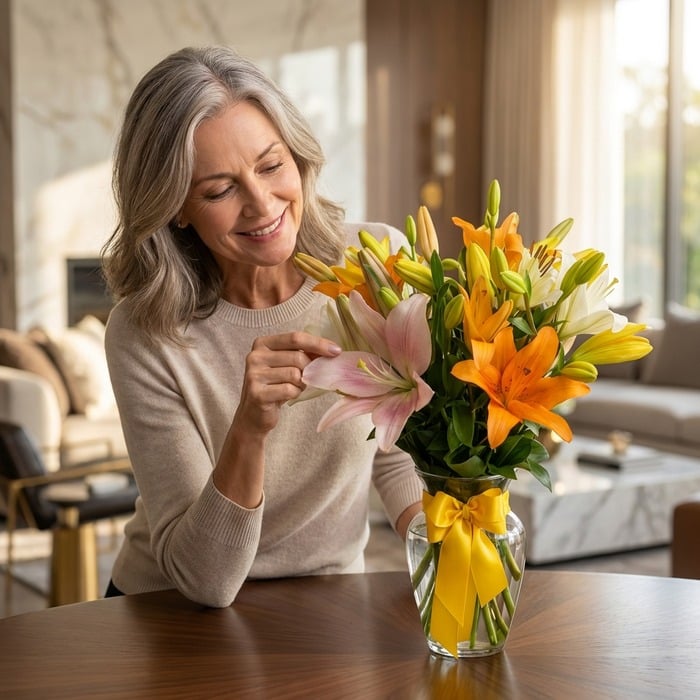 mujer admirando jarron lirios elegante hcnquu