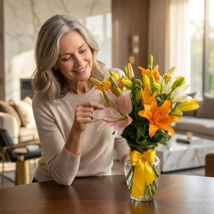 mujer admirando jarron lirios elegante hcnquu
