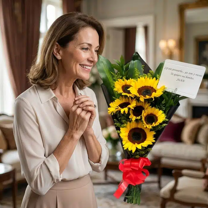 mujer feliz ramillete girasoles hogar lujo hskn