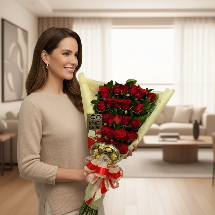 mujer feliz ramo rosas rojas bombones