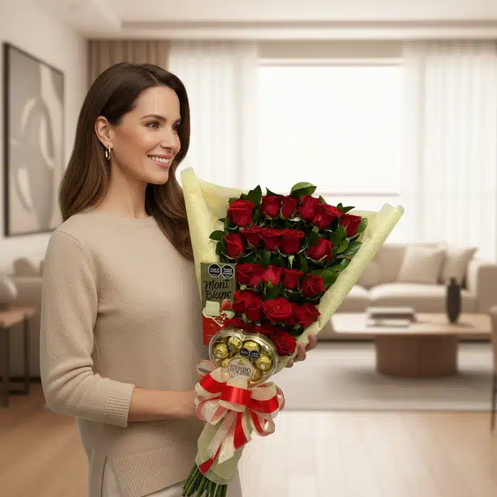 mujer feliz ramo rosas rojas bombones