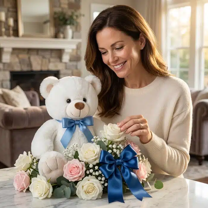 oso felpa blanco rosas mujer feliz 3do8of6