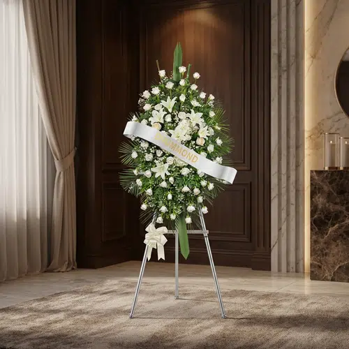 Pedestal Conmemorativo Legado de Marcos: Elegancia y Respeto en Floristería Pedestal conmemorativo Legado de Marcos con arreglo floral fúnebre blanco, lirios y rosas, en sala de velación elegante con i