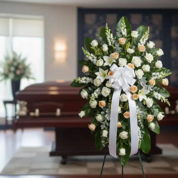 Pedestal fúnebre Descansa Ahora con rosas blancas y durazno, lirios y follaje verde, en una sala de velación moderna con ataú