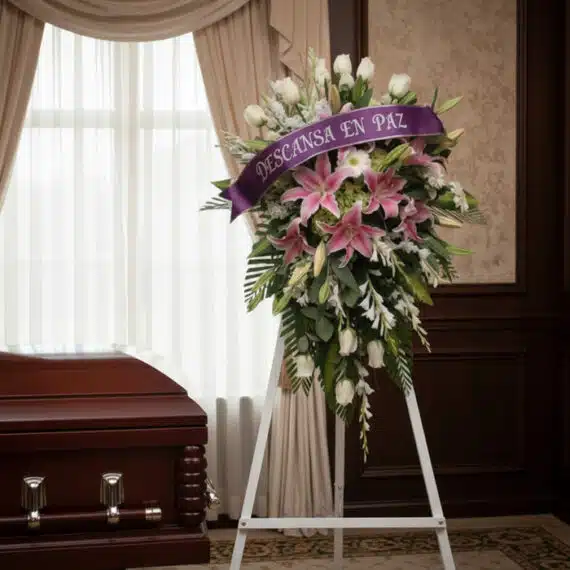 Pedestal fúnebre "Legado Eterno" con lirios rosados, rosas blancas y follaje, adornado con una cinta morada que dice "Descans
