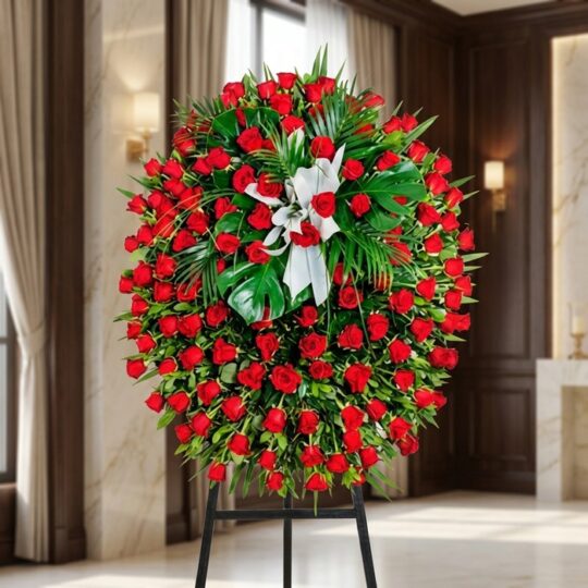 Pedestal fúnebre de rosas rojas intensas y follaje verde, con un lazo blanco, en una sala de velación premium con luz natural