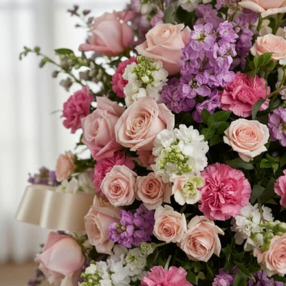 Macro de arreglo floral funerario 'Luz de Elisa' con rosas, lirios y claveles en tonos pastel, rocío sutil y cinta satinada.