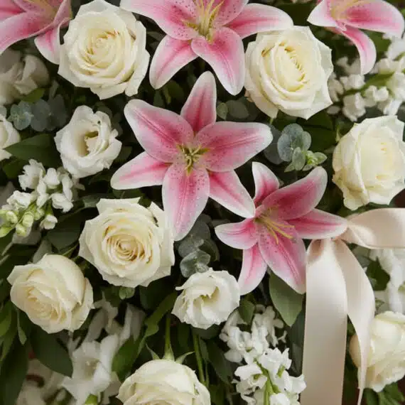 Pedestal de Homenaje "El Legado de Josafat" con flores blancas y rosadas, lirios y rosas, con rocío sutil y cinta satinada. U