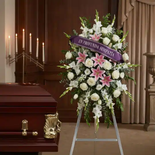 Pedestal floral "El Legado de Josafat" con rosas blancas, lirios rosados y gladiolos, cinta morada "En Profunda Simpatía" jun