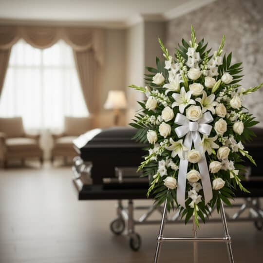 Pedestal de Honor Abdon, un arreglo floral fúnebre con rosas blancas, lirios y gladiolos, presentado en una sala de velación