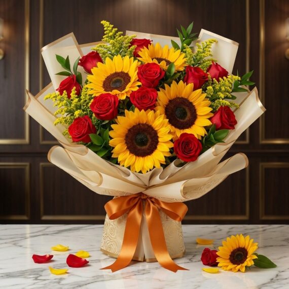 Ramillete o Bouquet Primavera con girasoles grandes y rosas rojas abiertas, envuelto en papel coreano elegante, sobre mármol.