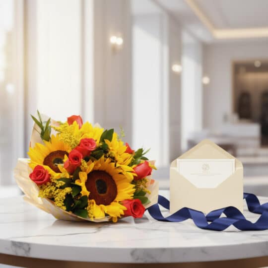 Ramillete o Bouquet Primavera con girasoles y rosas rojas, envuelto en papel, sobre mesa de mármol con tarjeta de regalo y ci