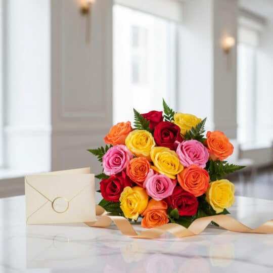 Ramillete de rosas multicolor (rojas, amarillas, naranjas, rosas) sobre mármol, con tarjeta de regalo y cinta satinada, listo