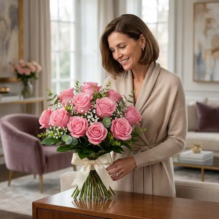 ramillete rosas rosadas mujer elegante lu5gf