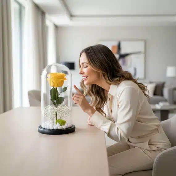 Mujer elegante admira una rosa eterna amarilla en domo de cristal, con fondo de hogar de lujo desenfocado.