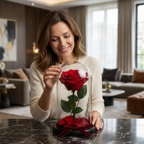 Mujer elegante admirando una rosa preservada roja dentro de una cúpula de cristal, con pétalos caídos y un lazo de terciopelo