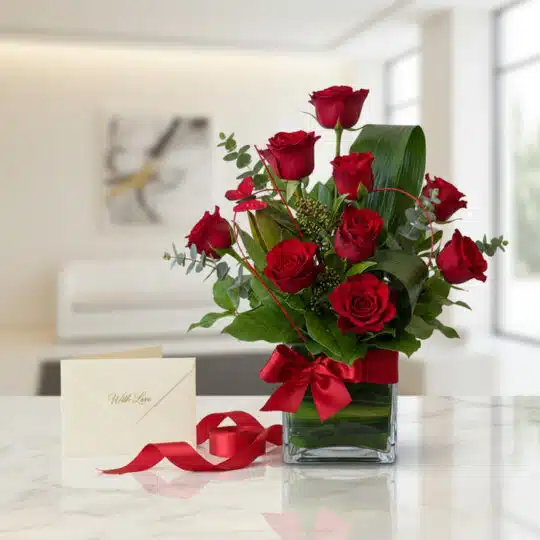 Arreglo floral Solitario ROSETTA con seis rosas rojas frescas en jarrón de cristal, tarjeta de regalo 'With Love' y cinta de