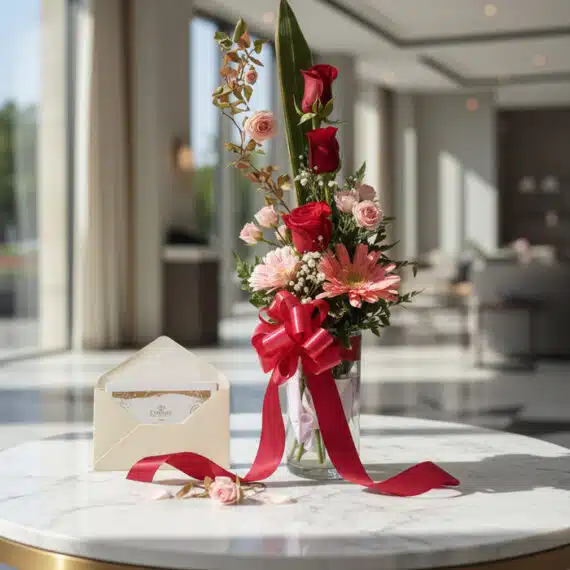 Arreglo floral Solitario Pienso en Ti con rosas rojas, gerberas y flores rosadas en jarrón de cristal, sobre mesa de mármol,